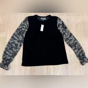 NEW Anthropologie S Black Velvet Camo Sheer Sleeves Top Shirt Blouse NWT